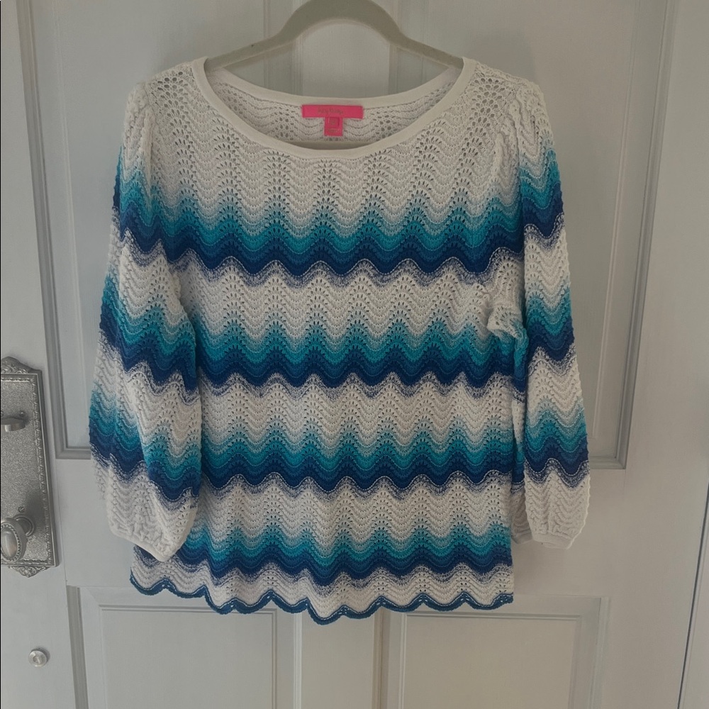 White and Blue Chevron Knit Sweater